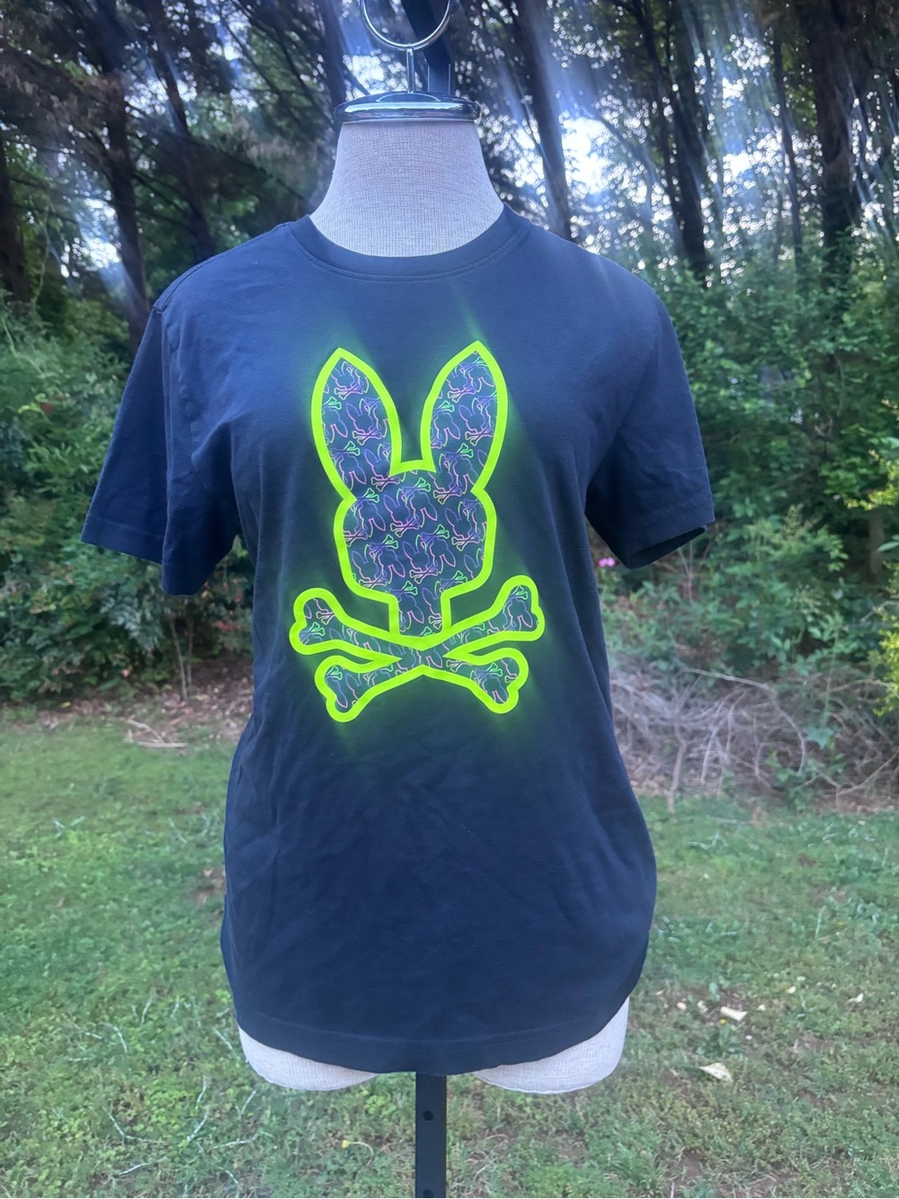 Psycho Bunny Black Tee with Neon Green-Outlined Bunny Skull